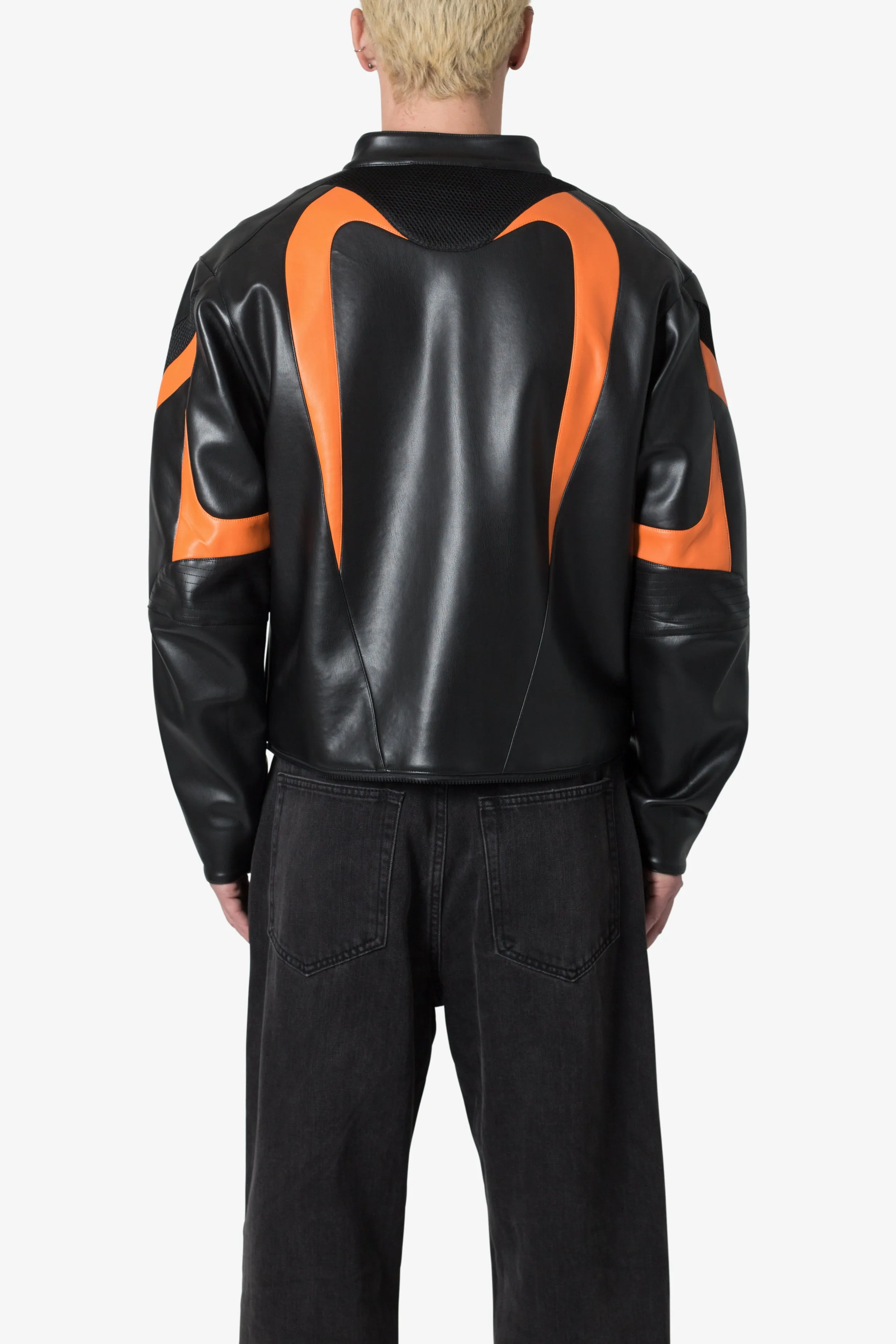 Cropped Leather Race Jacket - Black/Orange