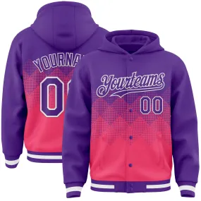 Custom Purple Neon Pink-White Gradient Square Shape 3D Pattern Design Bomber Full-Snap Varsity Letterman Hoodie Jacket