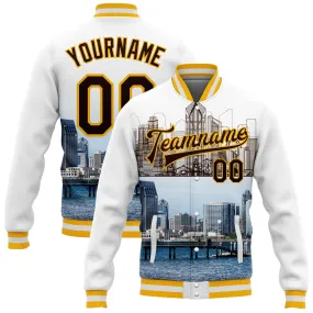 Custom White Brown-Gold San Diego California City Edition 3D Bomber Full-Snap Varsity Letterman Jacket