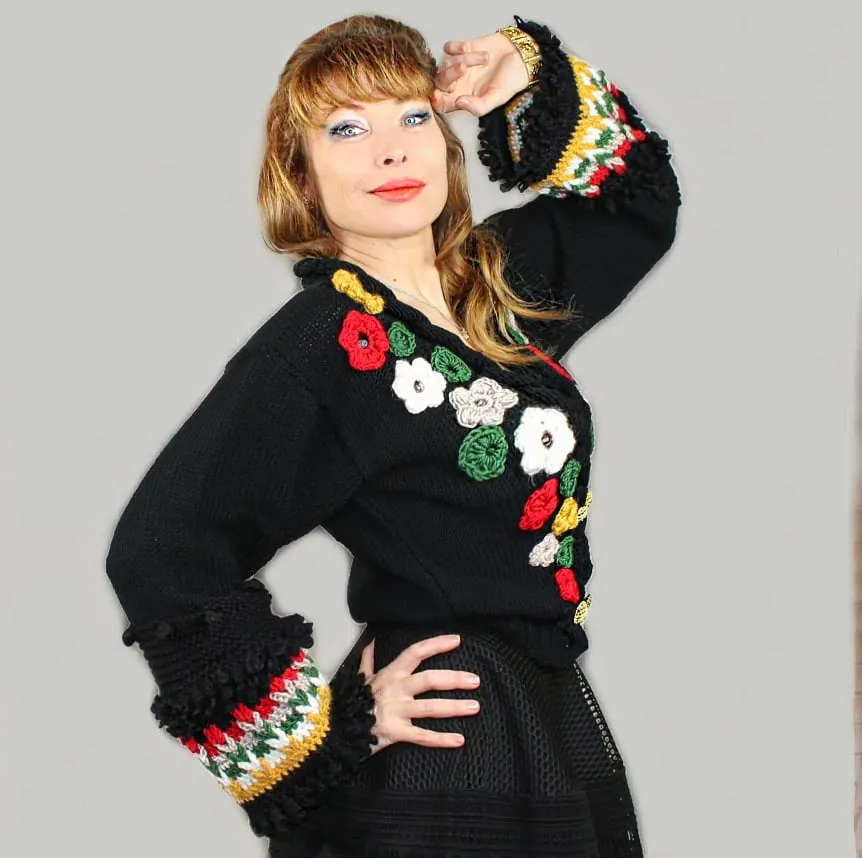 Designer HandKnitted Wool Cardigan with volume embroidery