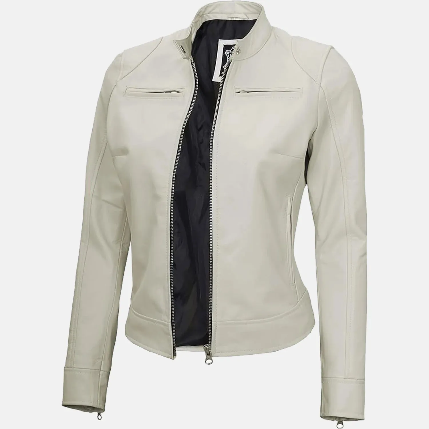 Donna Black White Leather Bomber Jacket for Women | Order Now