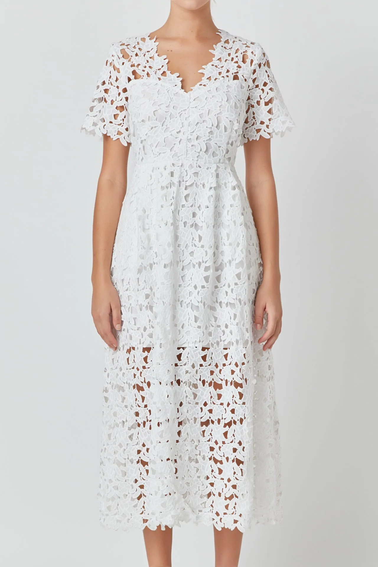 Endless Rose - All Over Lace Short Sleeves Midi Dress