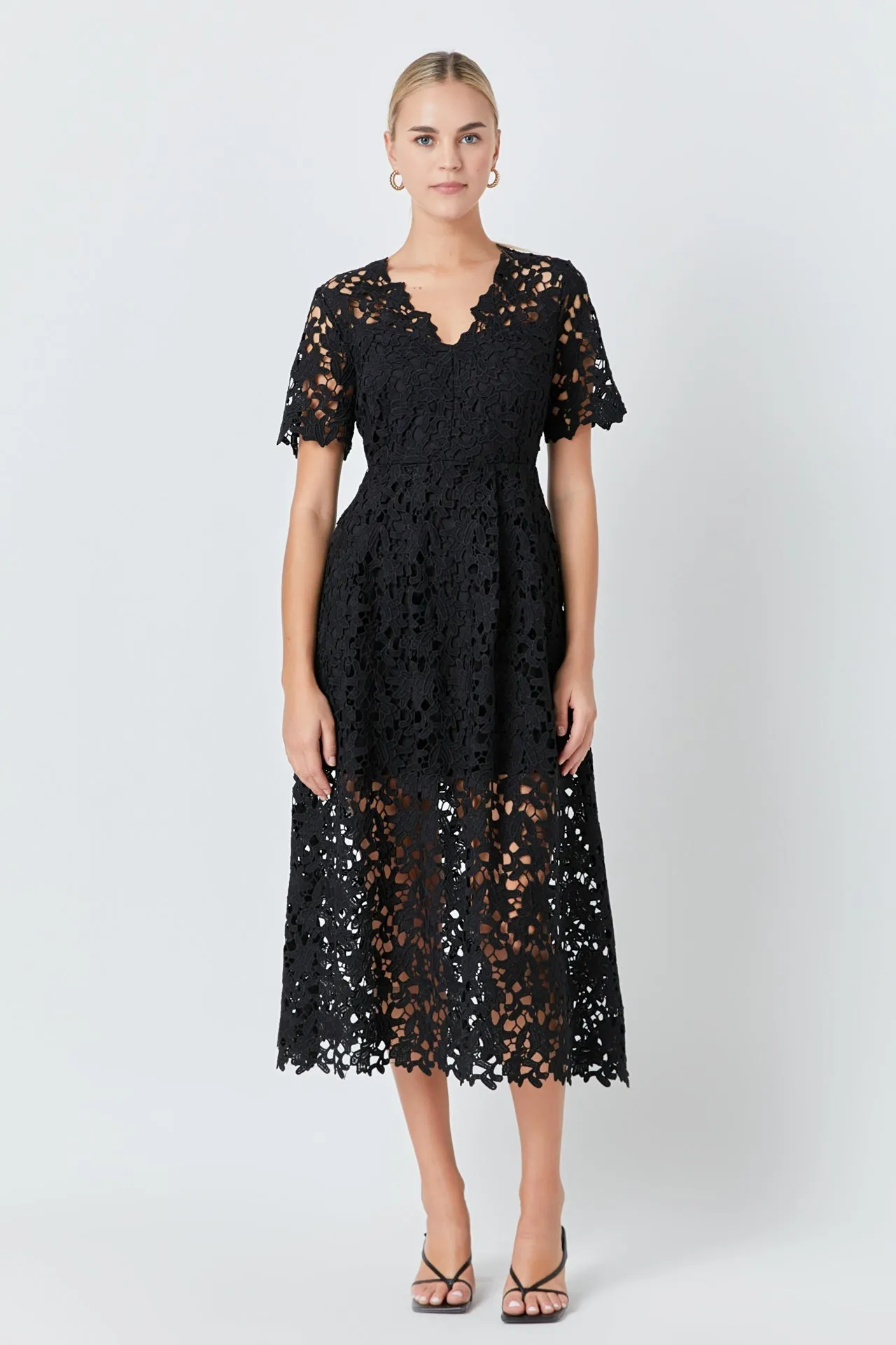 Endless Rose - All Over Lace Short Sleeves Midi Dress