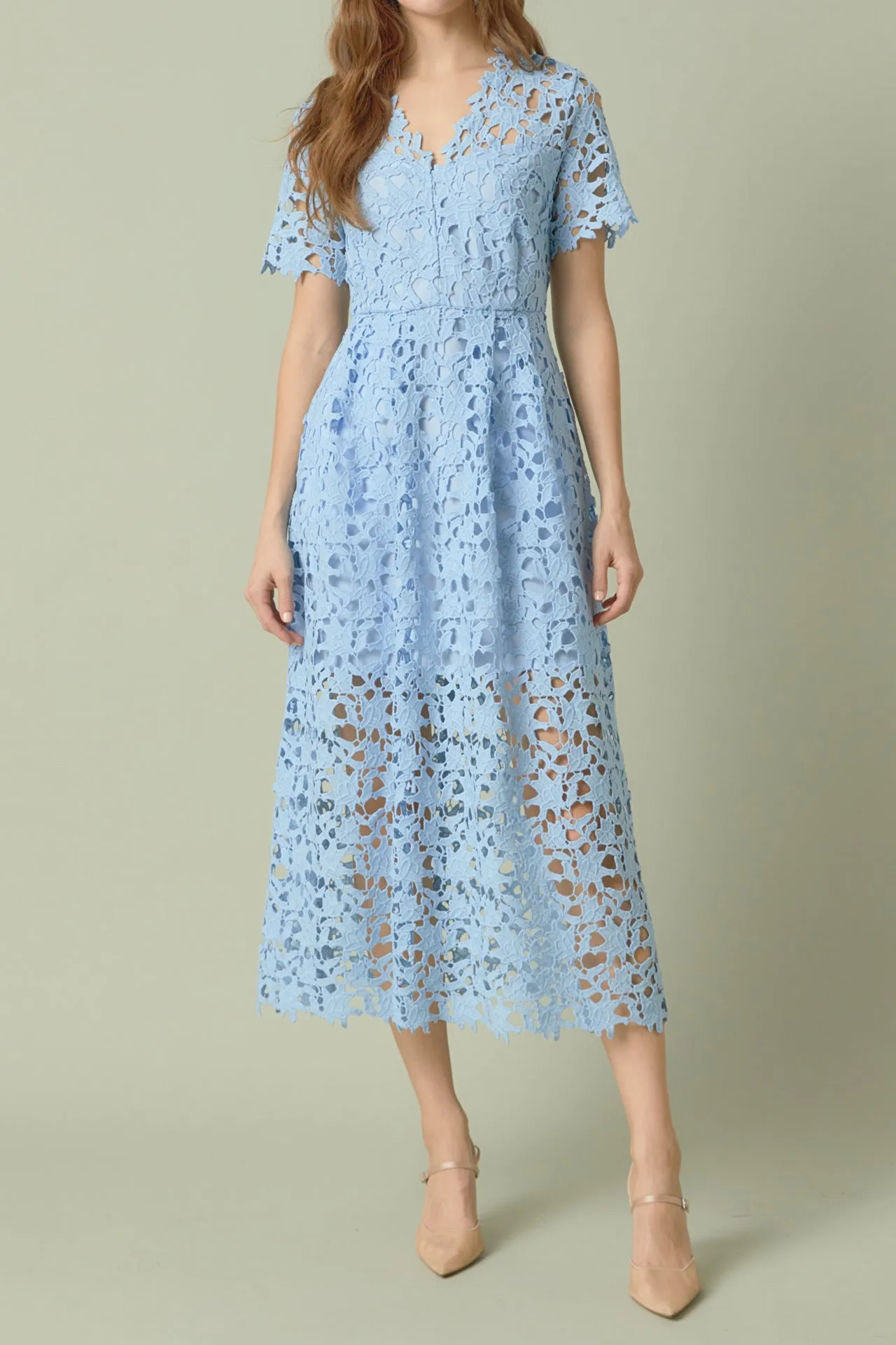 Endless Rose - All Over Lace Short Sleeves Midi Dress