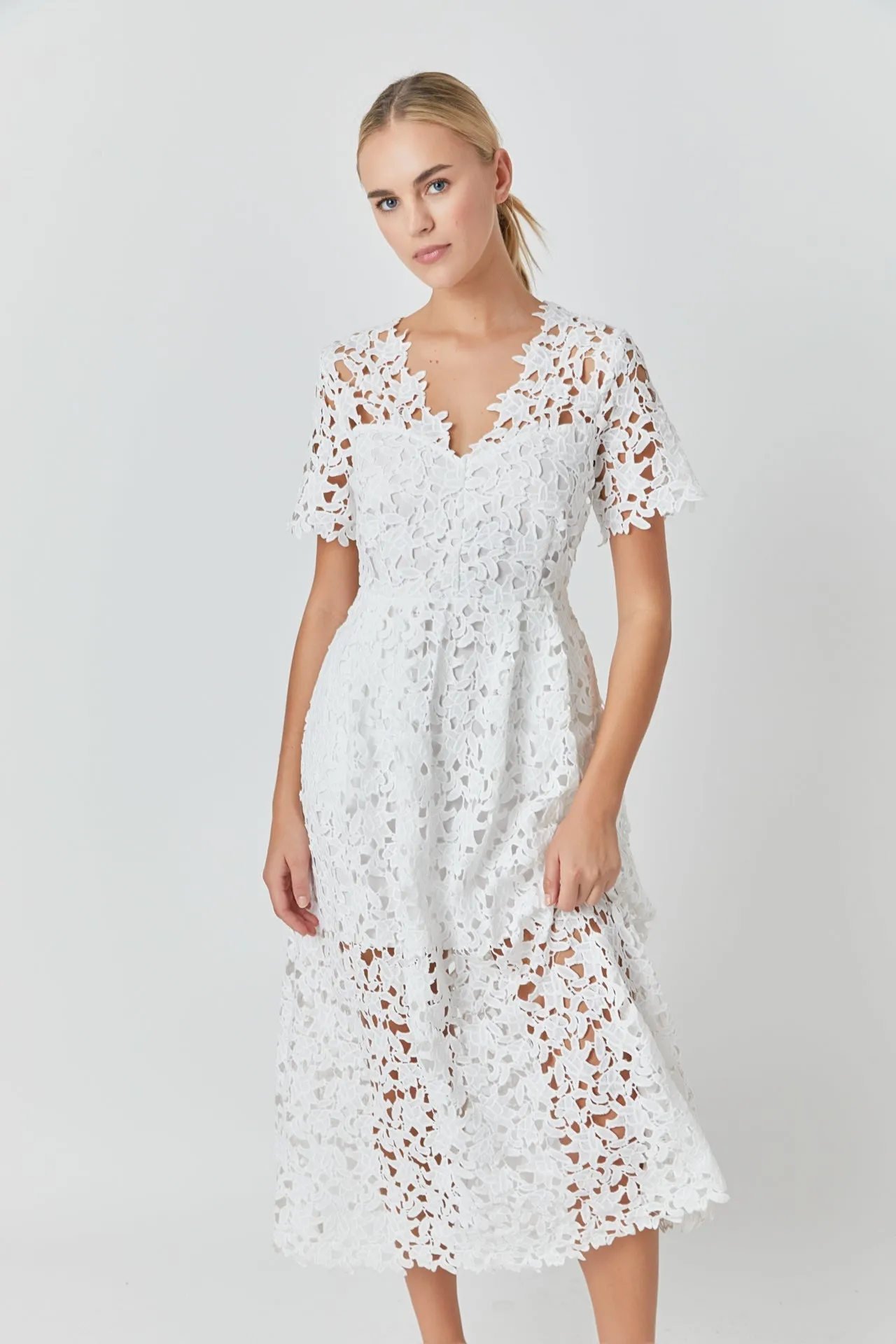 Endless Rose - All Over Lace Short Sleeves Midi Dress