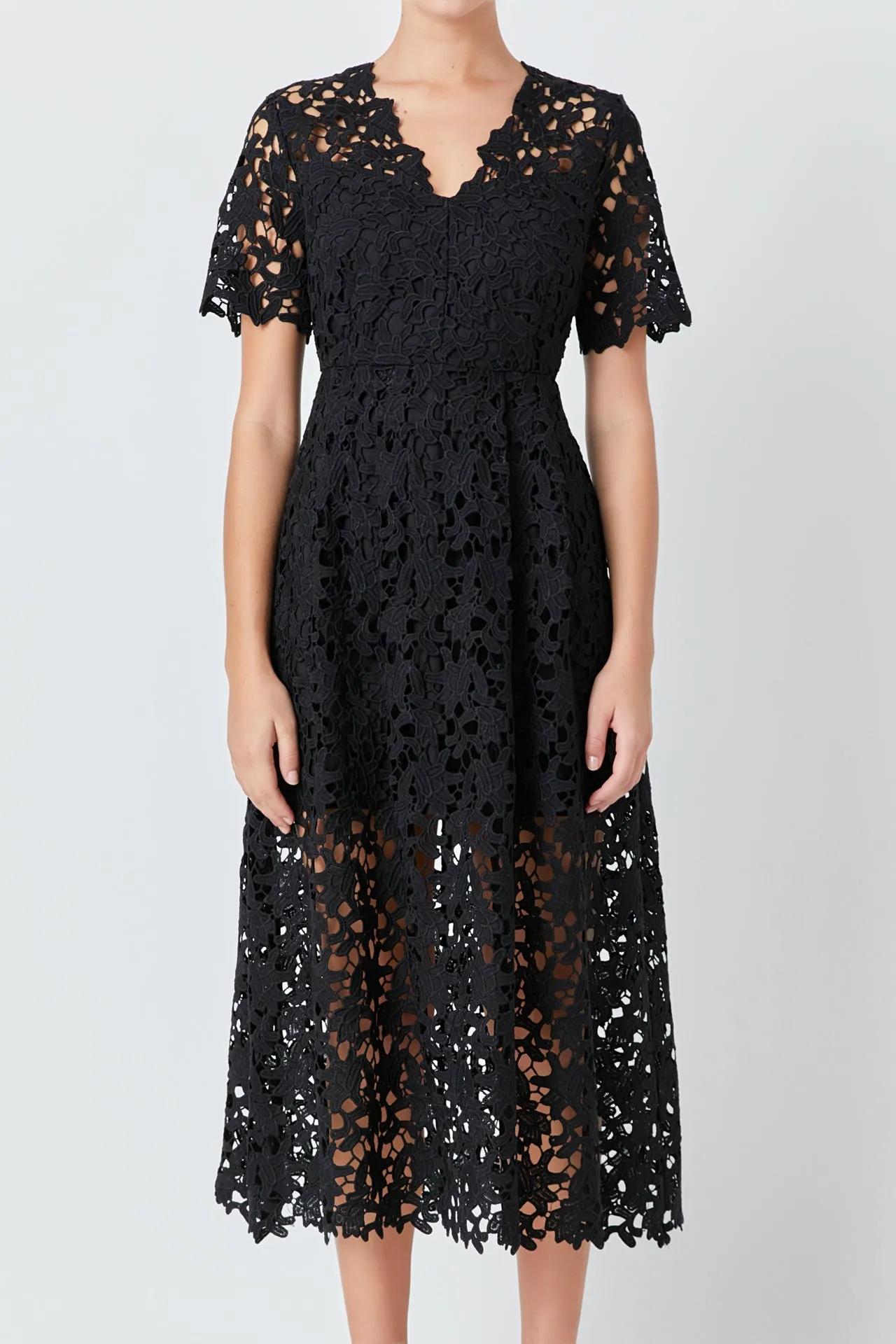 Endless Rose - All Over Lace Short Sleeves Midi Dress