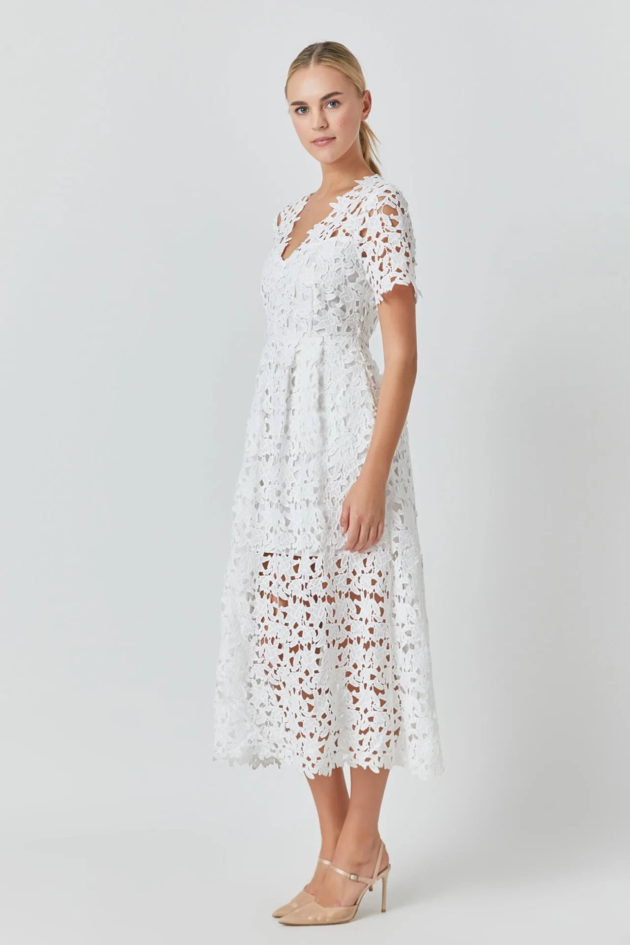 Endless Rose - All Over Lace Short Sleeves Midi Dress