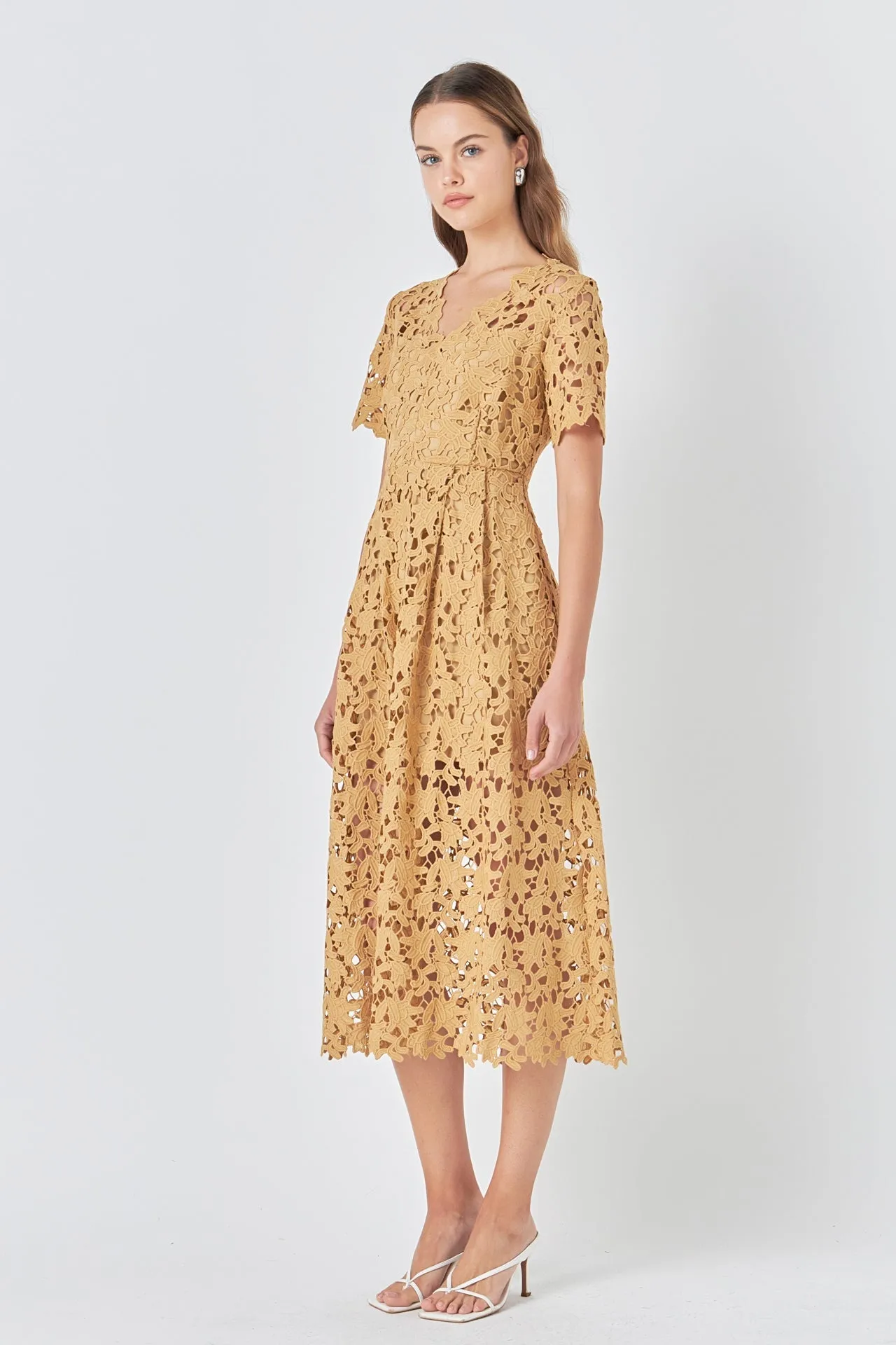 Endless Rose - All Over Lace Short Sleeves Midi Dress