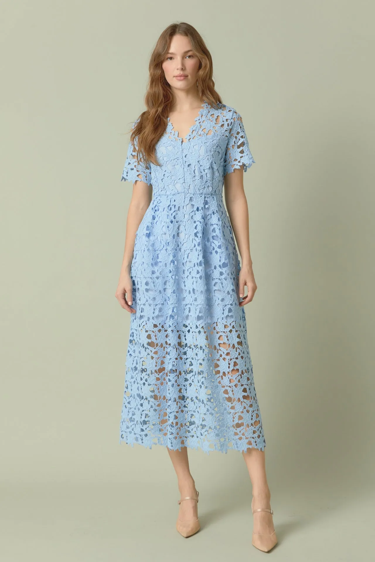 Endless Rose - All Over Lace Short Sleeves Midi Dress