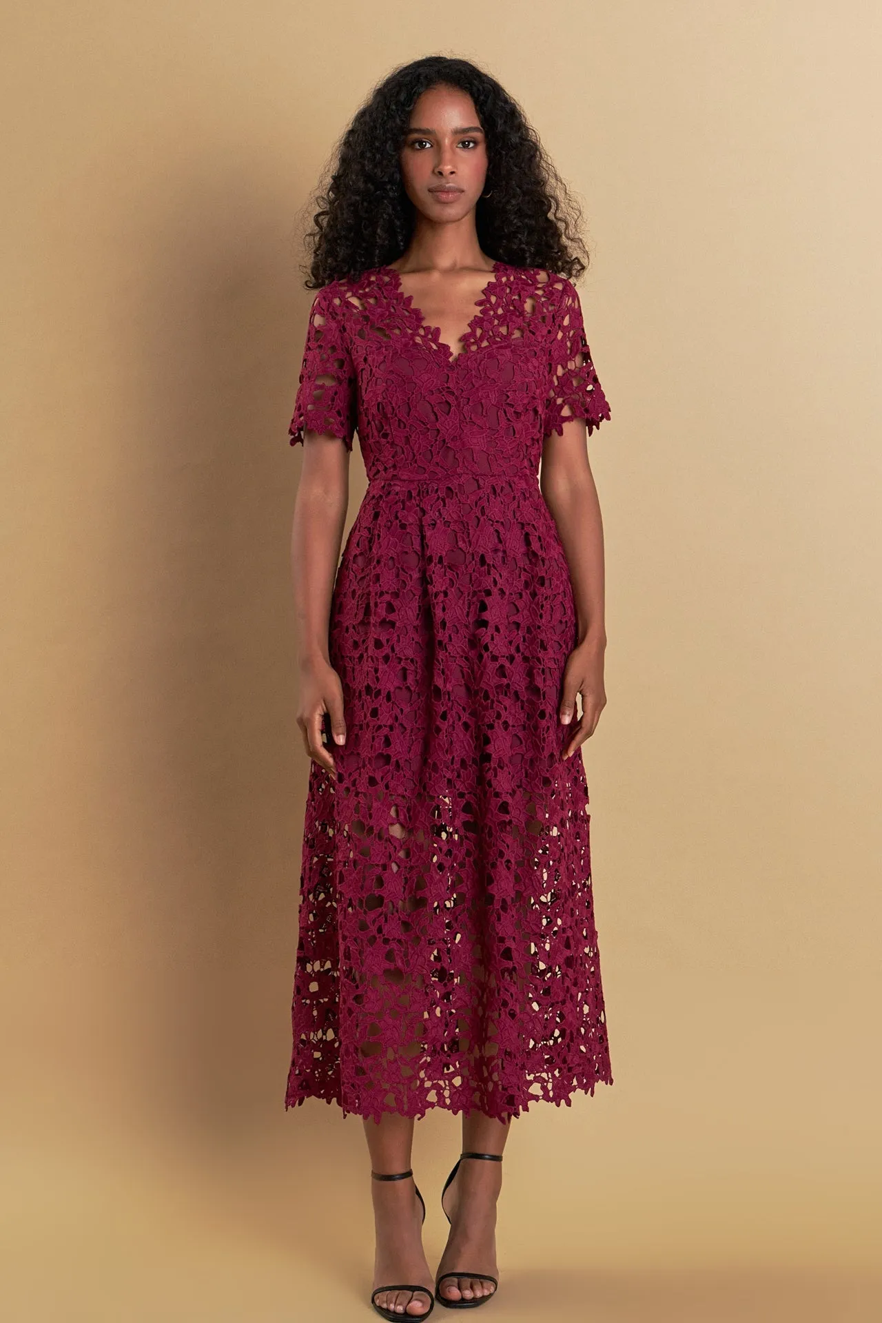 Endless Rose - All Over Lace Short Sleeves Midi Dress