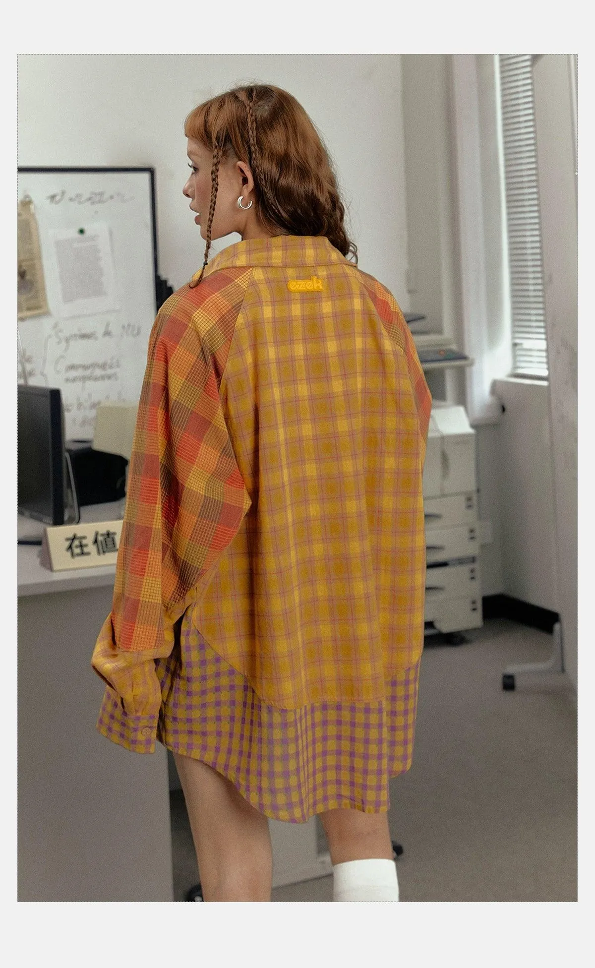 Ezek Mustard Plaid Oversized Shirt Jacket - Unisex Colorblock Flannel Shacket With Purple Checks