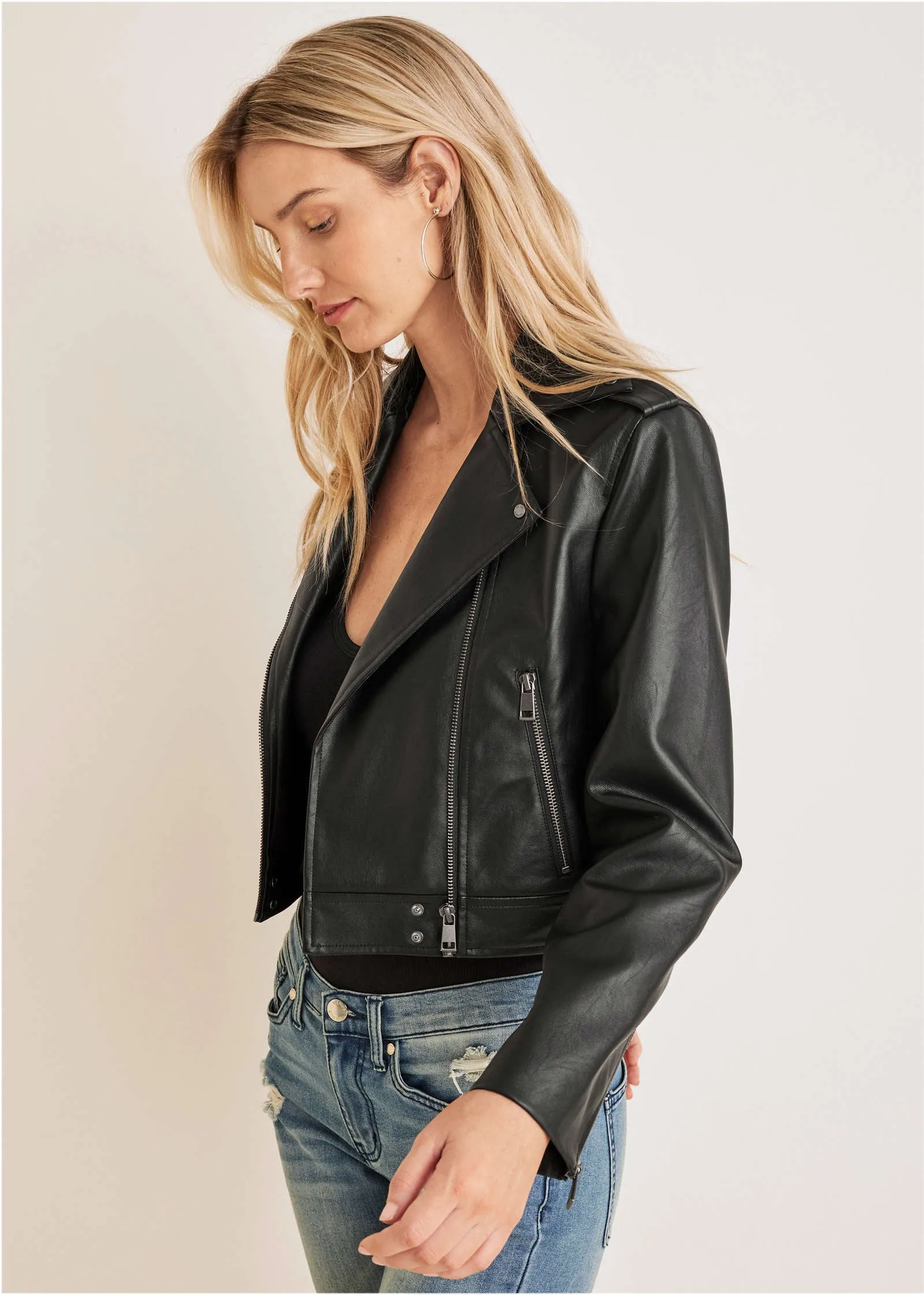 Faux-Leather Moto Jacket - Black