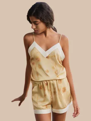 Floral Gold Camisole and Shorts Pajama Set with Pockets