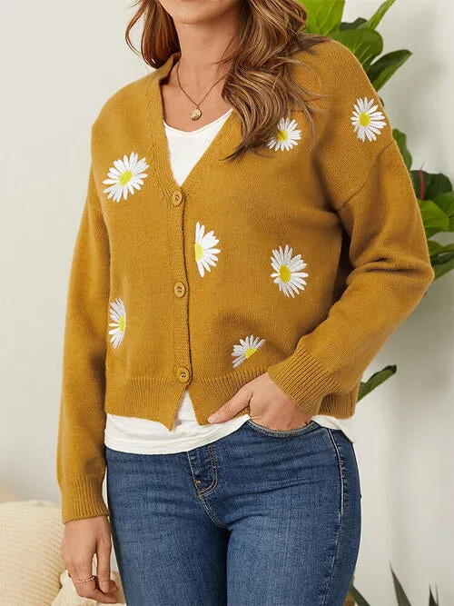 Flower Button Front Dropped Shoulder Cardigan