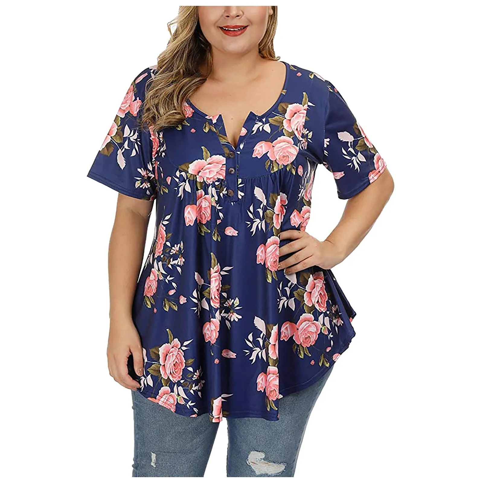 Funki Buys | Shirts | Women's Plus Floral Print, Loose Fit Tops