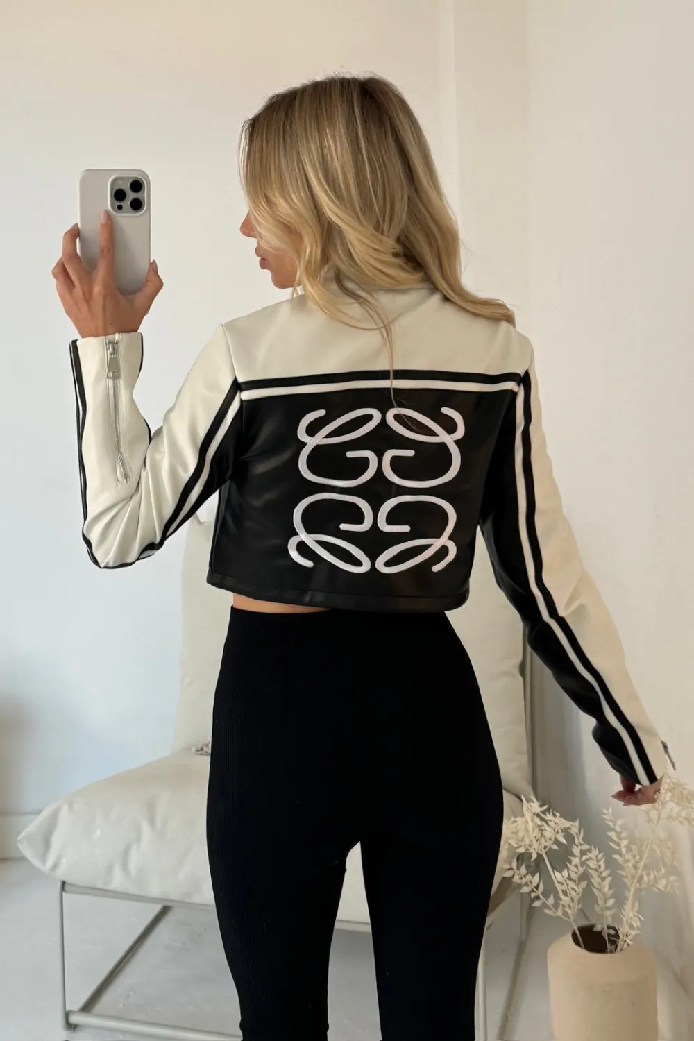 Gege black and white cropped faux leather biker jacket