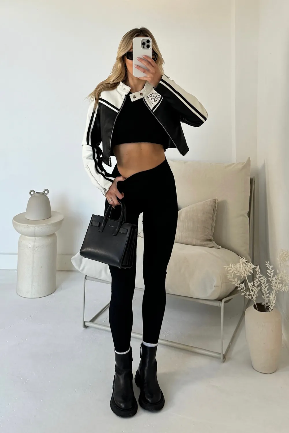 Gege black and white cropped faux leather biker jacket