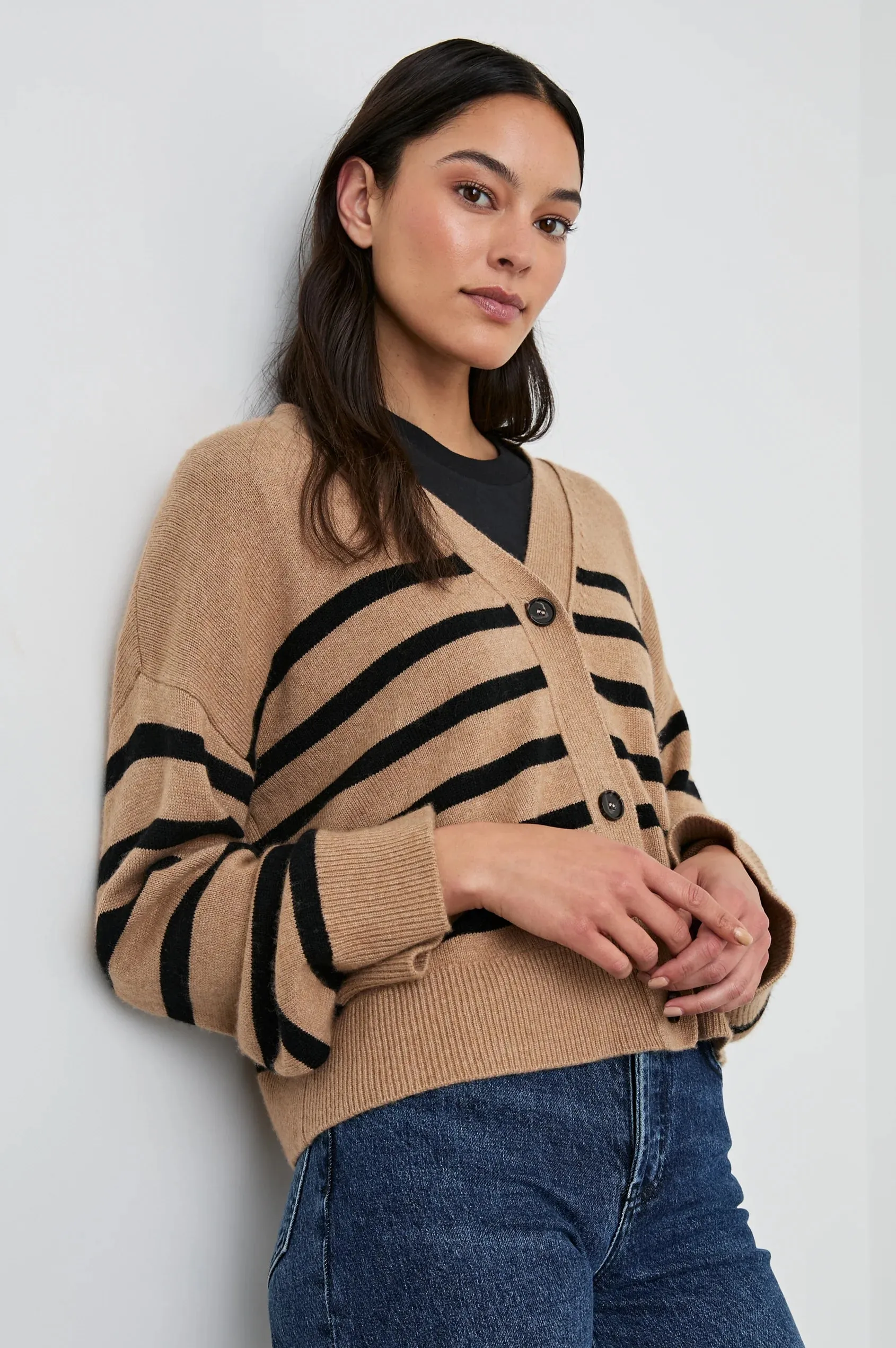 Geneva Cardigan Camel Black Stripe