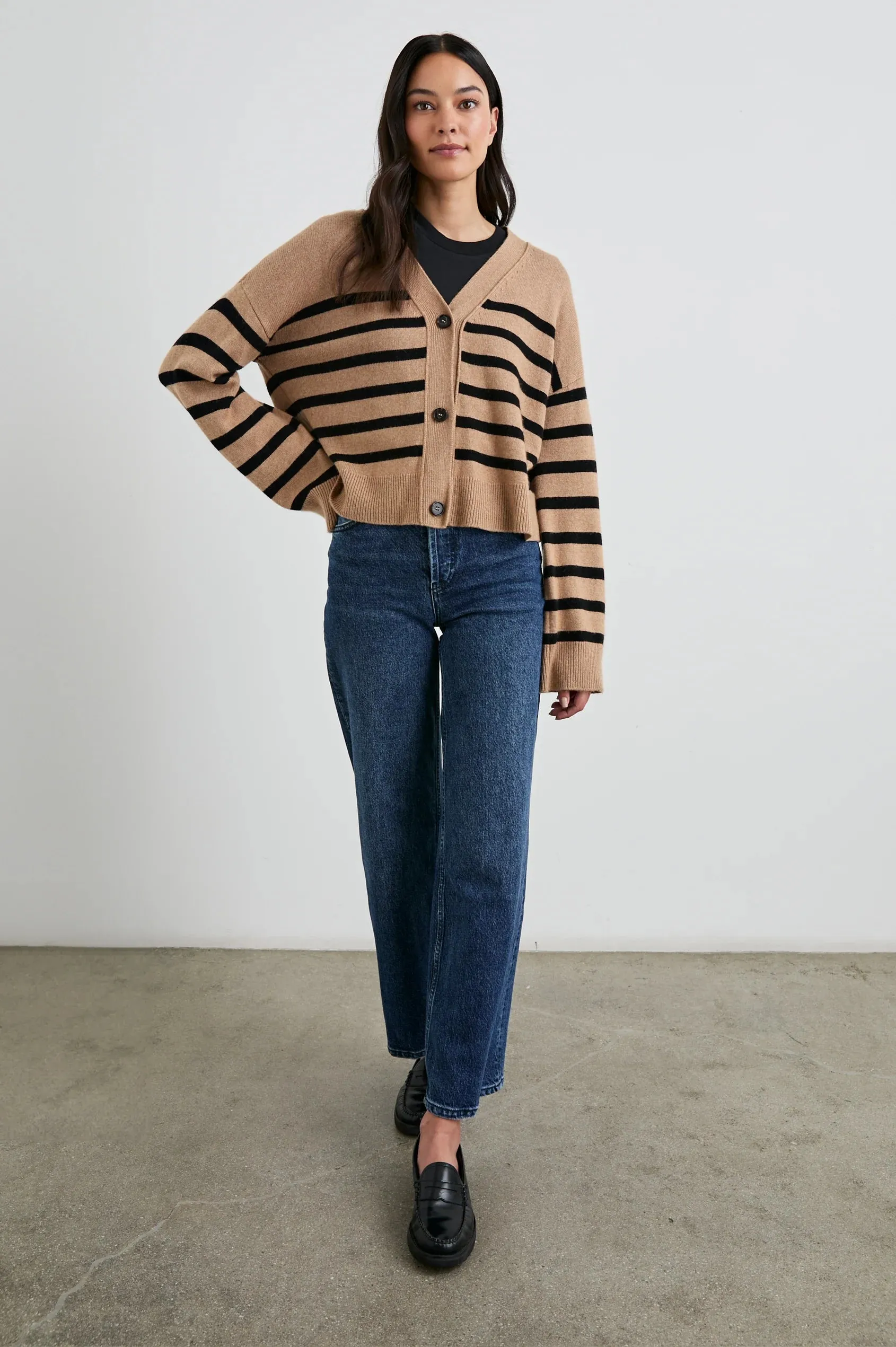 Geneva Cardigan Camel Black Stripe