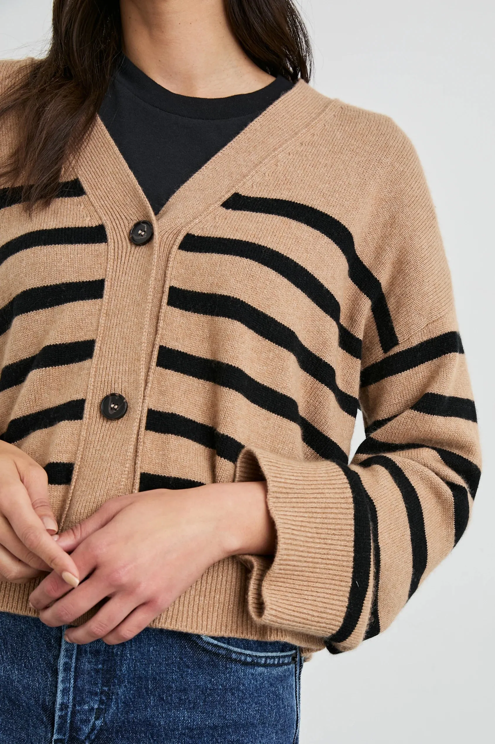 Geneva Cardigan Camel Black Stripe