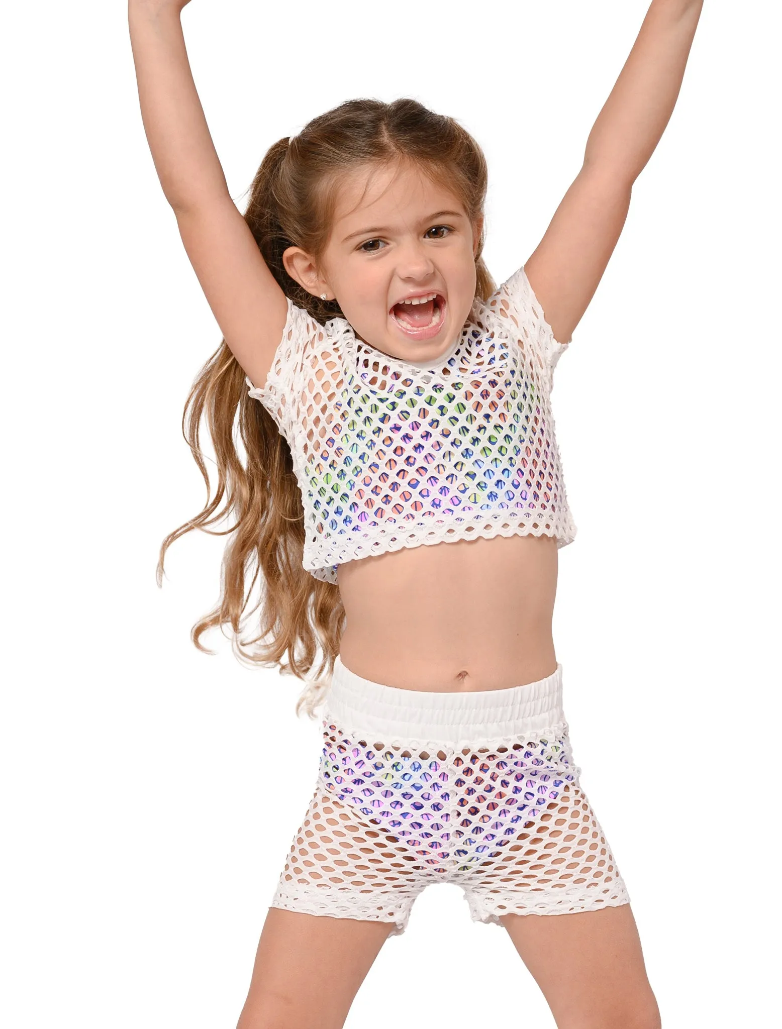 Girl's fishnet mesh crop top and short set