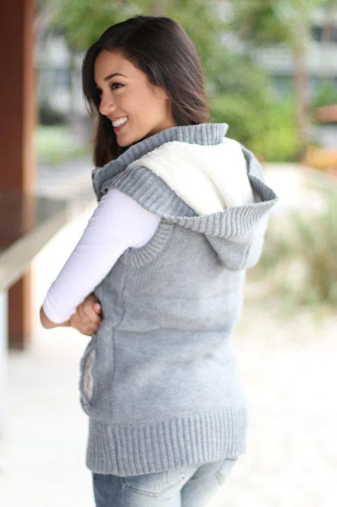 Gray Fur Sweater Vest With Hoodie