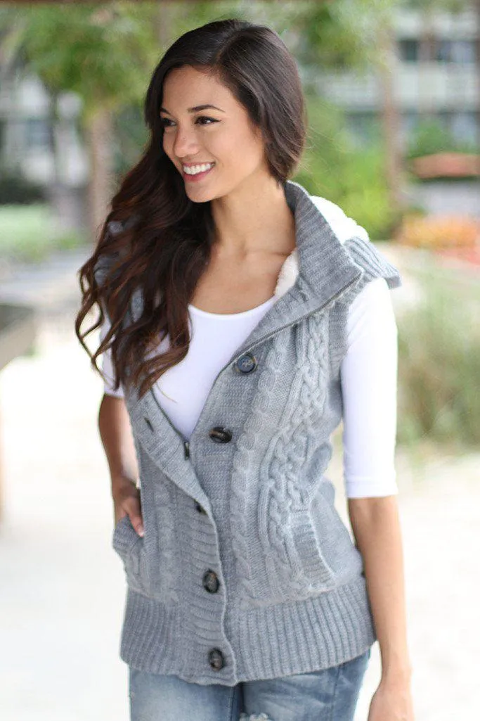 Gray Fur Sweater Vest With Hoodie