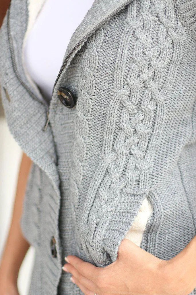 Gray Fur Sweater Vest With Hoodie