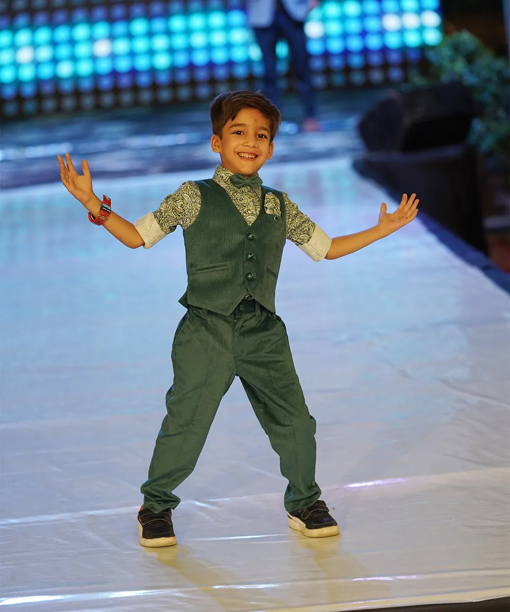 Green Colored Self-Printed Waist Coat Set for Boys