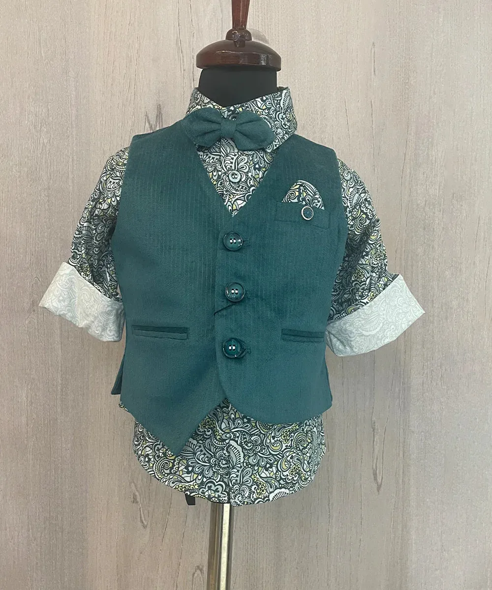 Green Colored Self-Printed Waist Coat Set for Boys