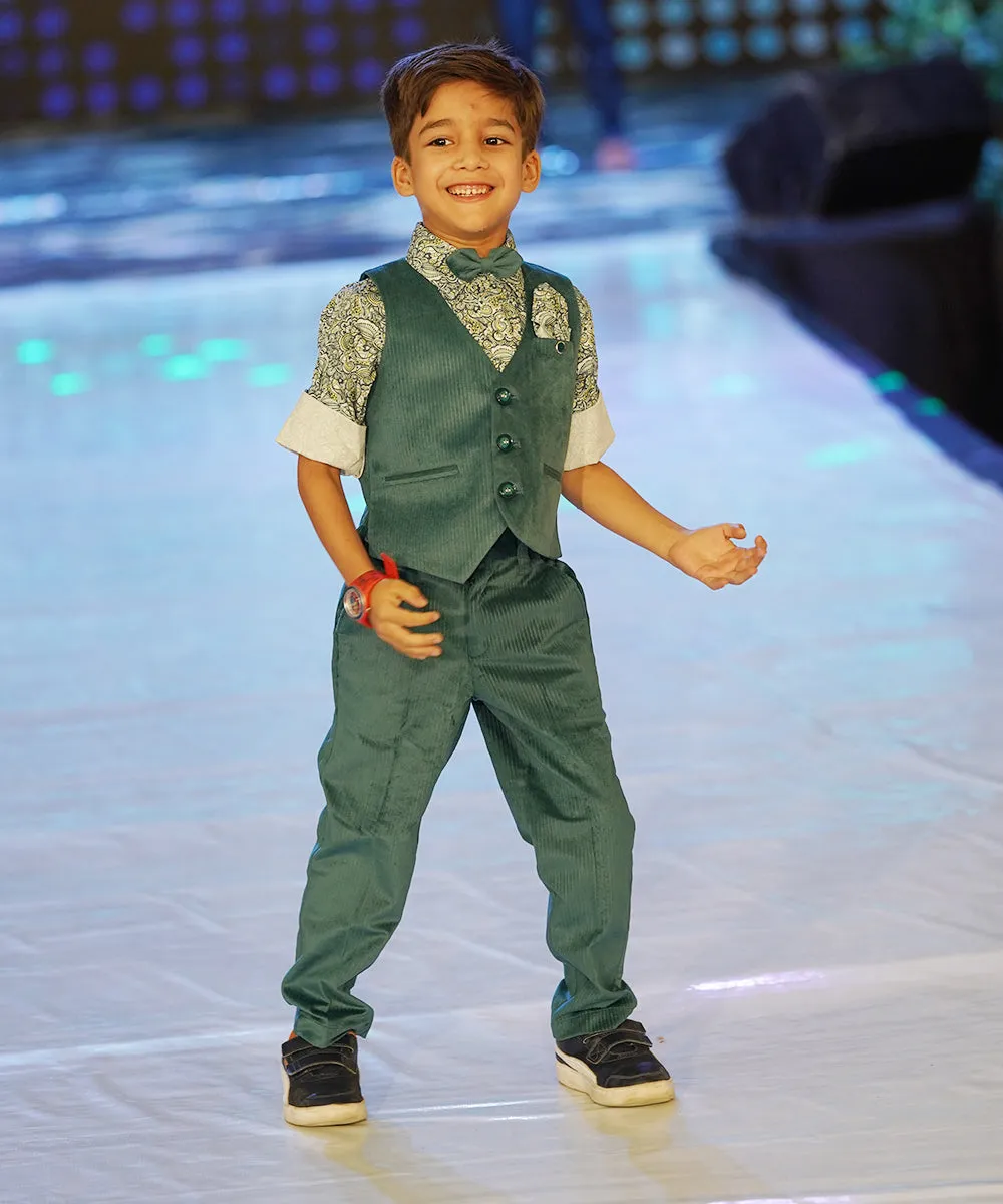 Green Colored Self-Printed Waist Coat Set for Boys