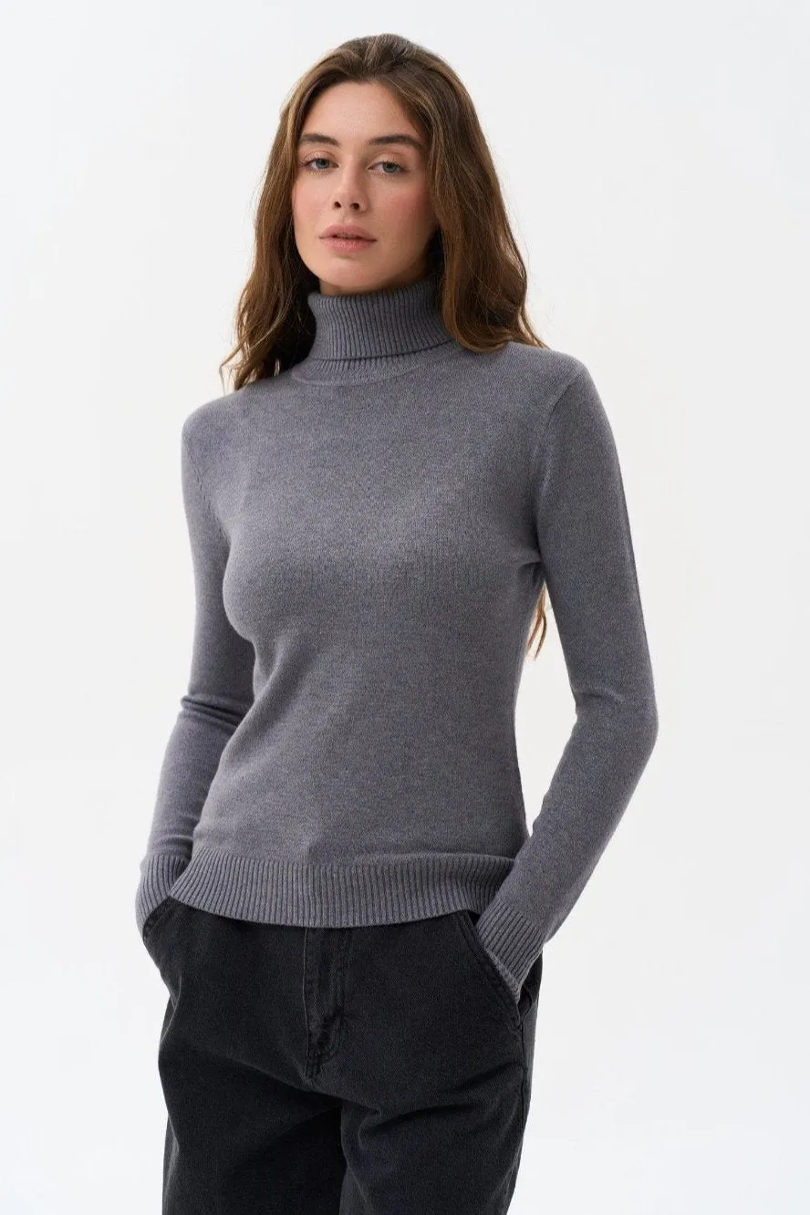 Grey Basic Knit Turtleneck Sweater