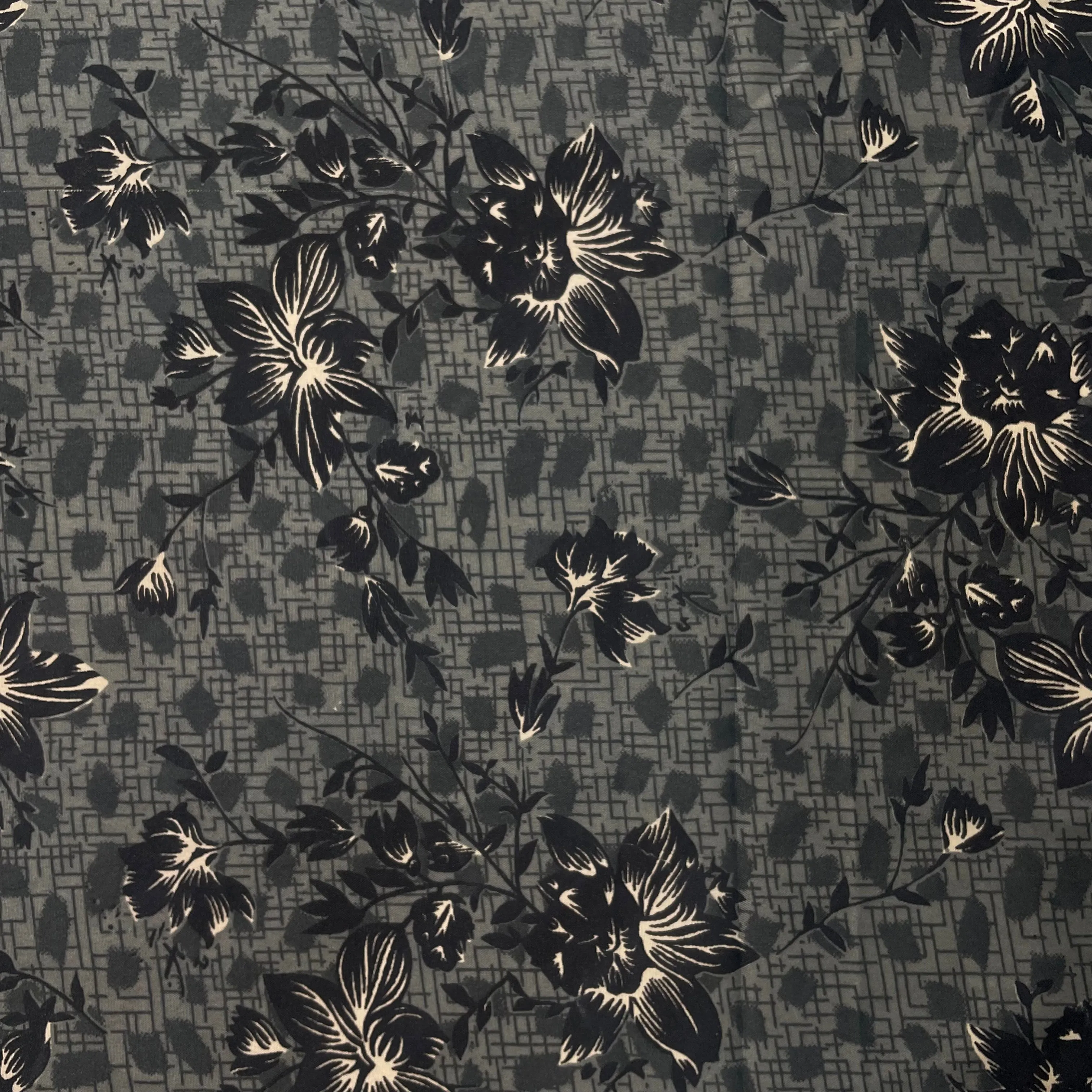 Grey With Black Floral Crepe Fabric