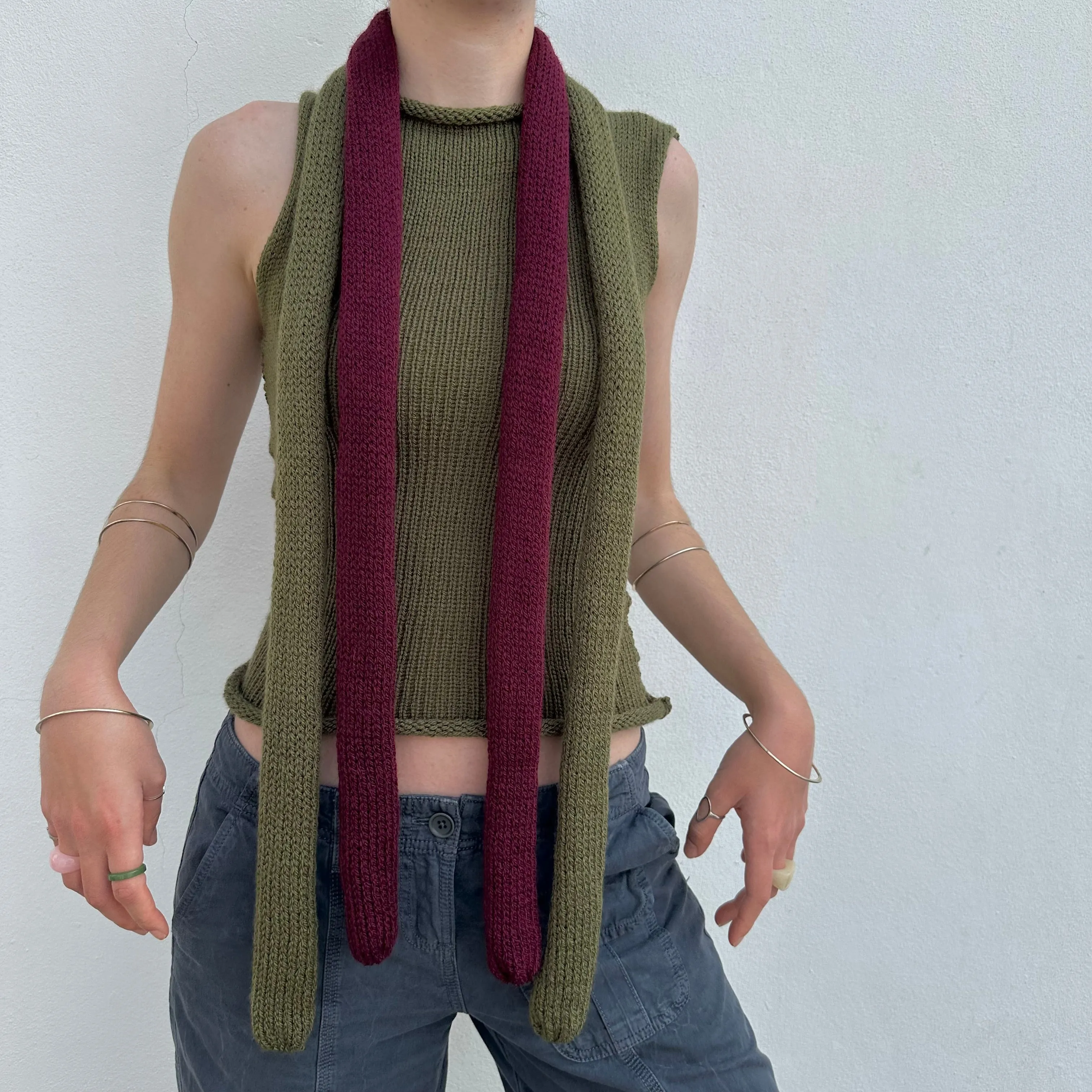 Handmade knitted skinny scarf in burgundy