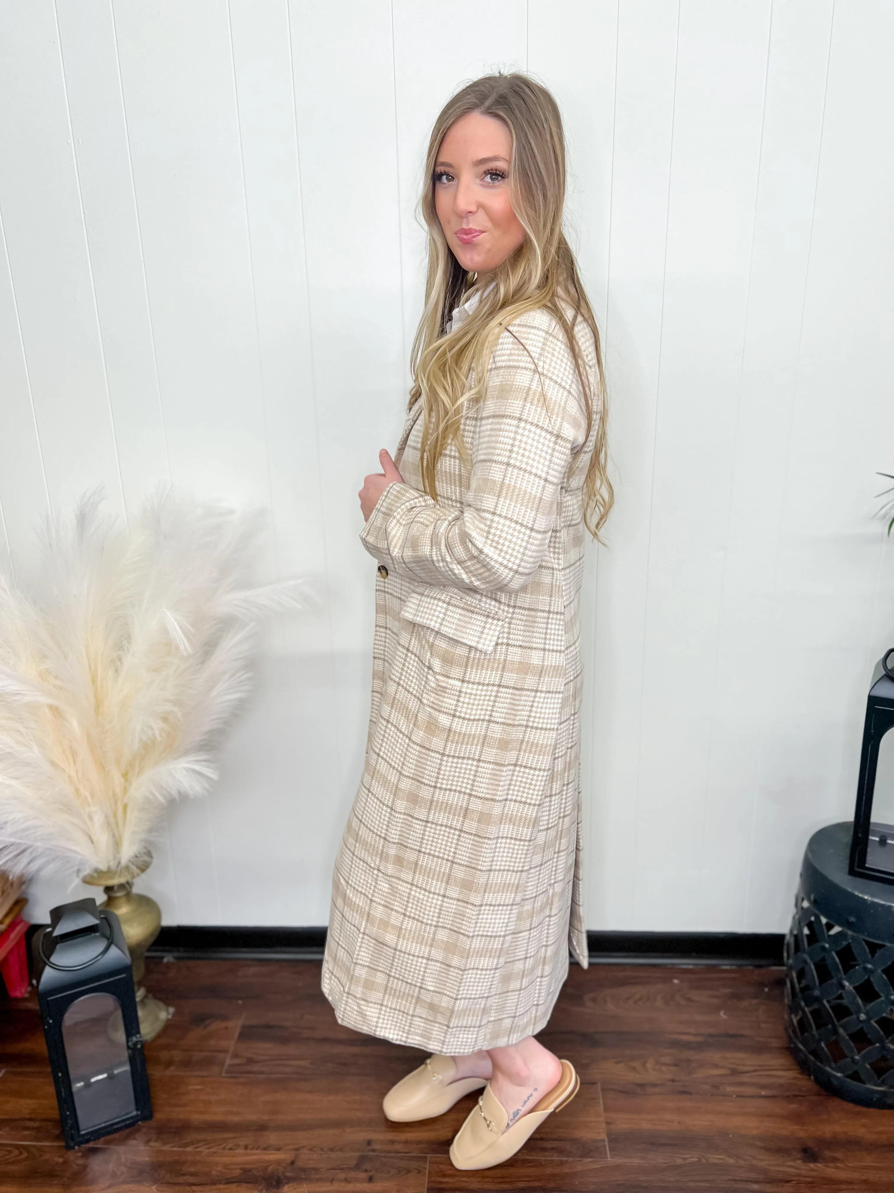 High Five Woven Plaid Coat-Tan