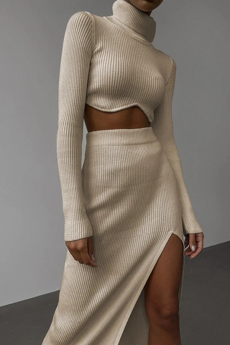 High Neck Short Knit Split Half Skirt Set.