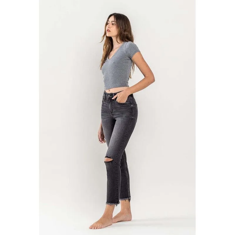 High Rise Stretch Distressed Crop Slim Straight