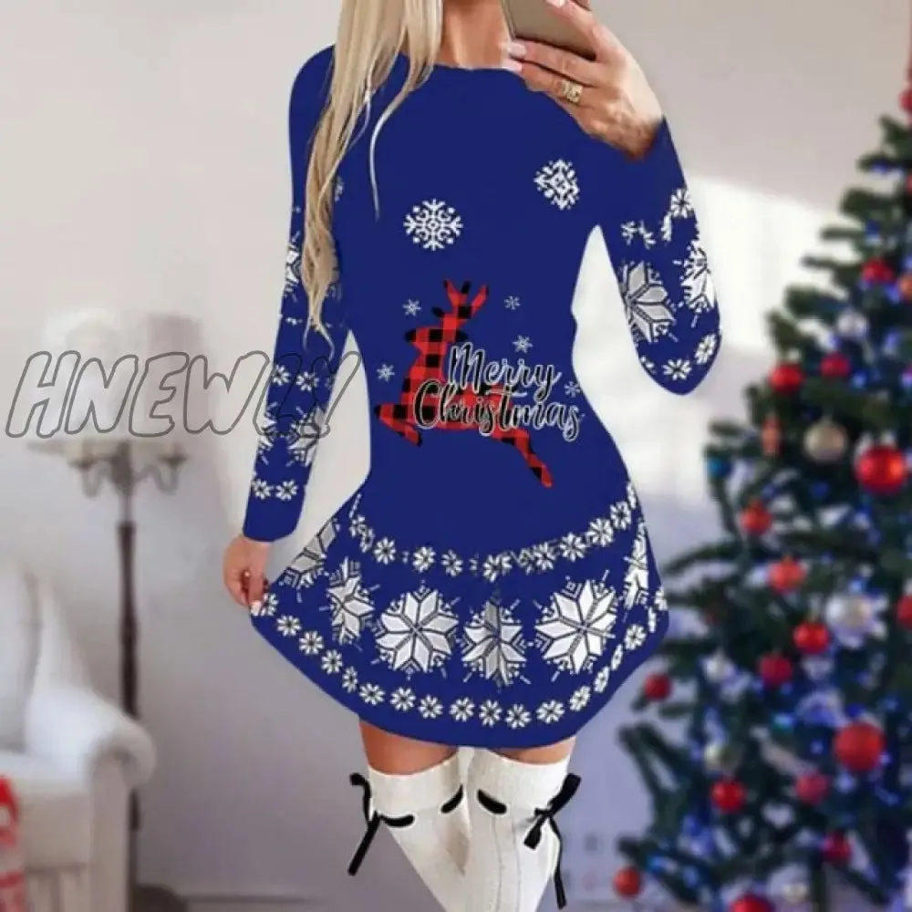 Hnewly Snowflake Deer Print Christmas Dress Women O-neck Long Sleeve Autumn Winter Casual Cute Mini Slim Festival Party Dresses