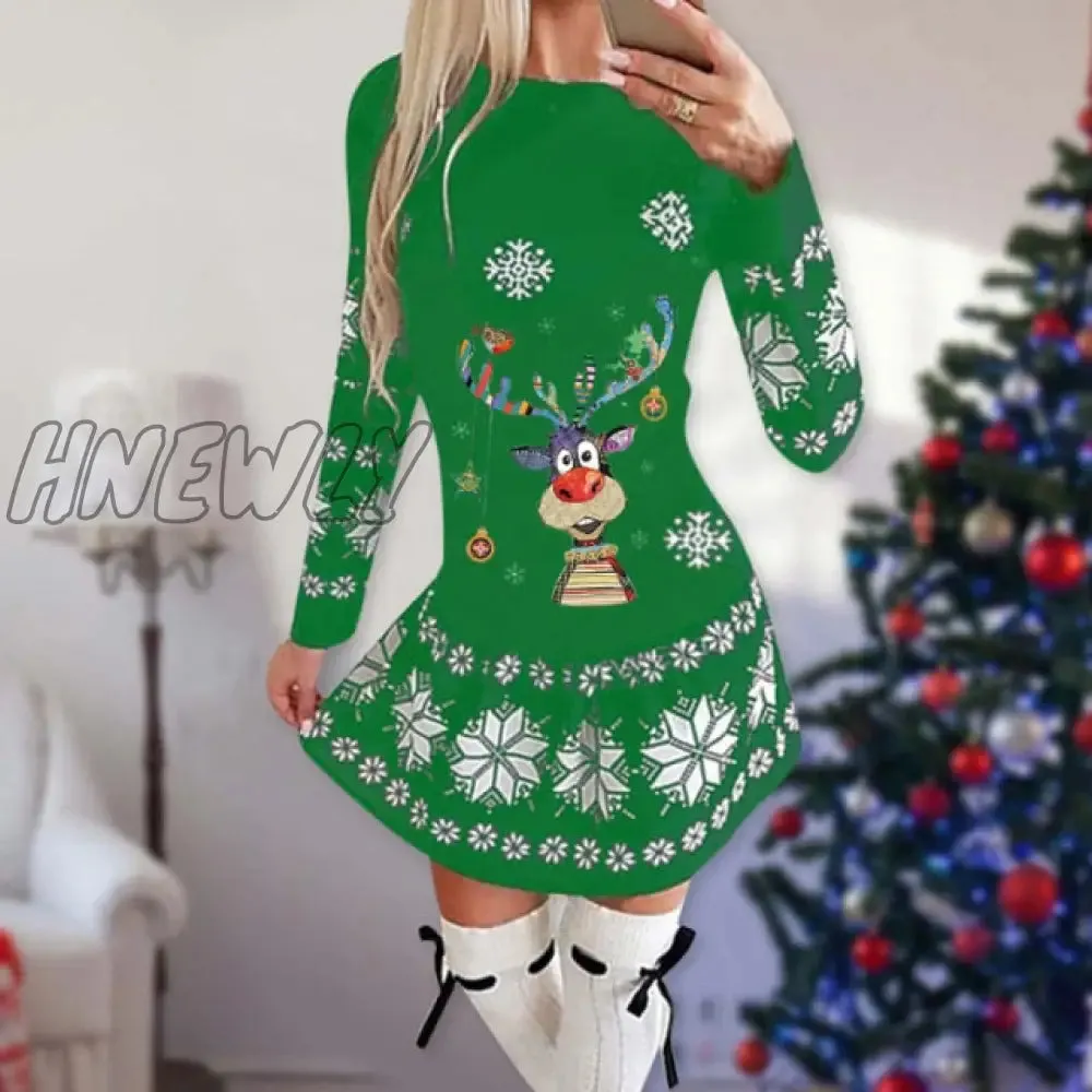 Hnewly Snowflake Deer Print Christmas Dress Women O-neck Long Sleeve Autumn Winter Casual Cute Mini Slim Festival Party Dresses