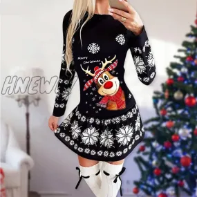 Hnewly Snowflake Deer Print Christmas Dress Women O-neck Long Sleeve Autumn Winter Casual Cute Mini Slim Festival Party Dresses