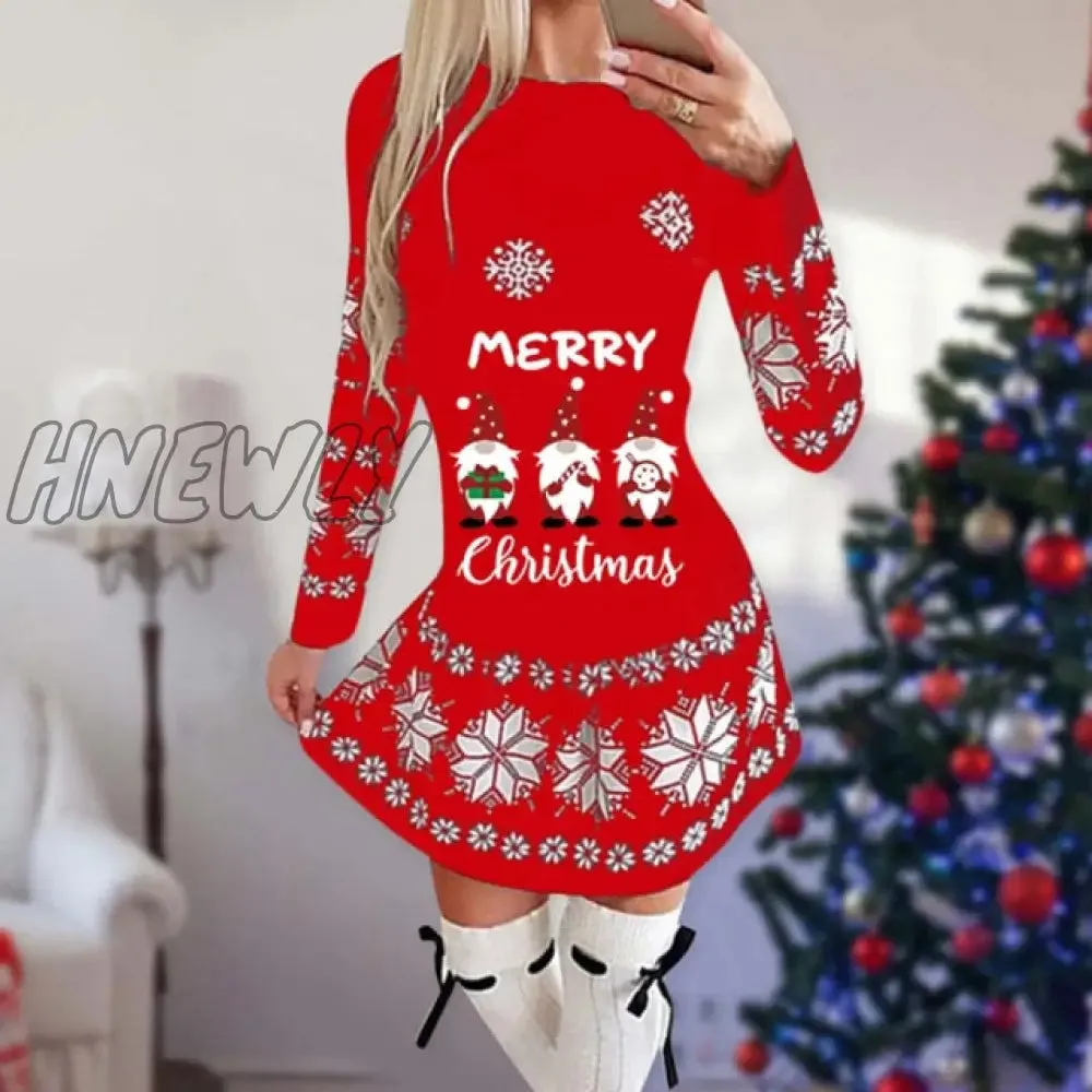 Hnewly Snowflake Deer Print Christmas Dress Women O-neck Long Sleeve Autumn Winter Casual Cute Mini Slim Festival Party Dresses