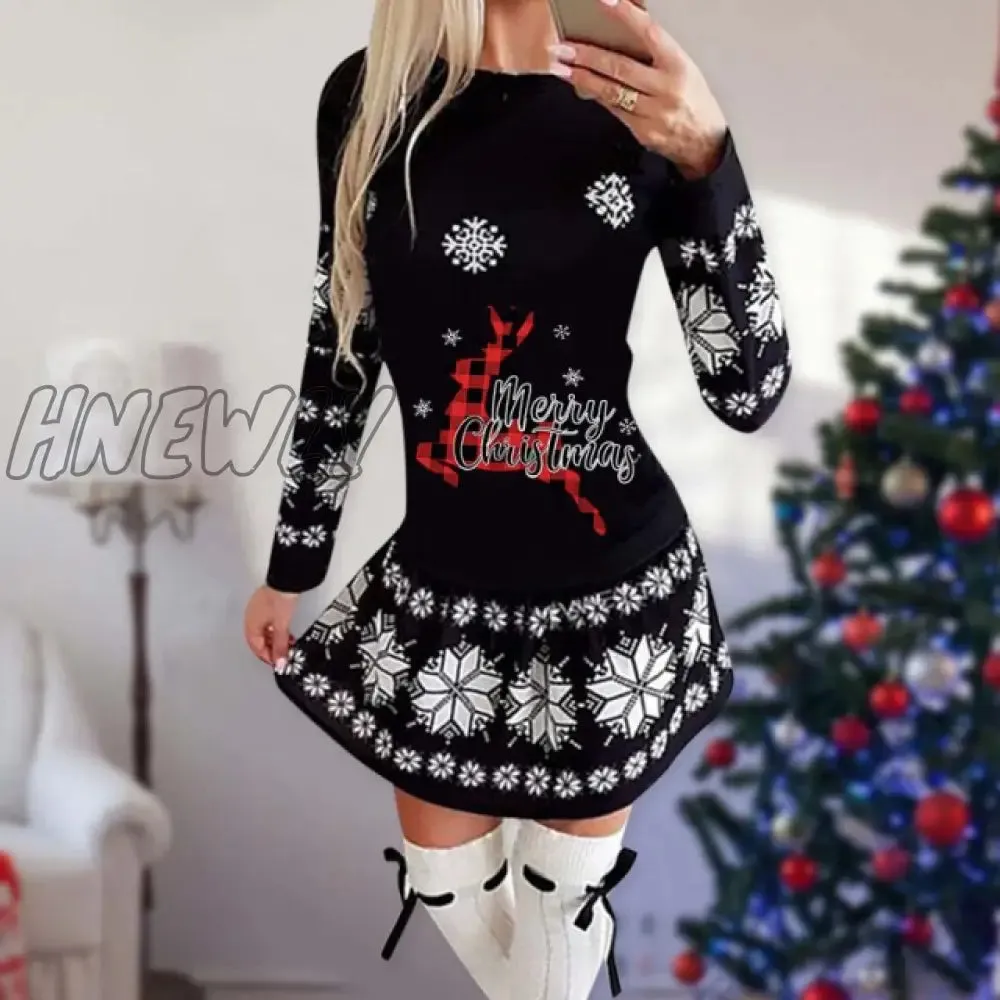 Hnewly Snowflake Deer Print Christmas Dress Women O-neck Long Sleeve Autumn Winter Casual Cute Mini Slim Festival Party Dresses