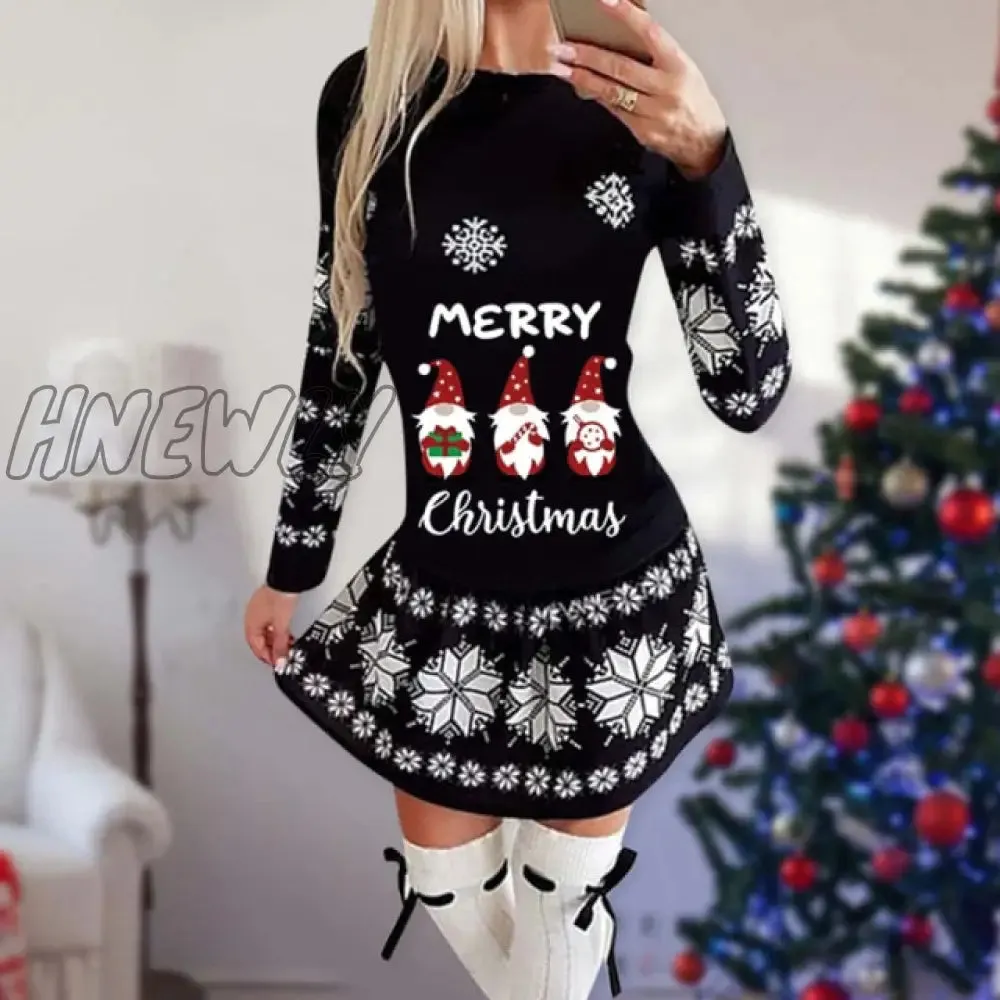 Hnewly Snowflake Deer Print Christmas Dress Women O-neck Long Sleeve Autumn Winter Casual Cute Mini Slim Festival Party Dresses