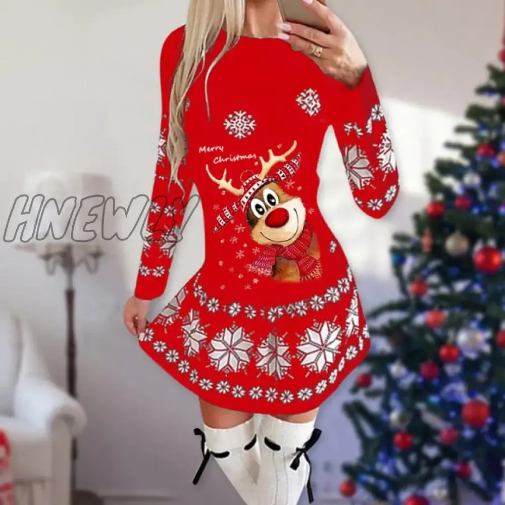 Hnewly Snowflake Deer Print Christmas Dress Women O-neck Long Sleeve Autumn Winter Casual Cute Mini Slim Festival Party Dresses