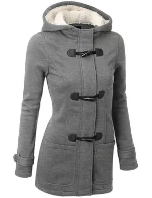 Horn Buttoned Autumn Long Hooded Coat