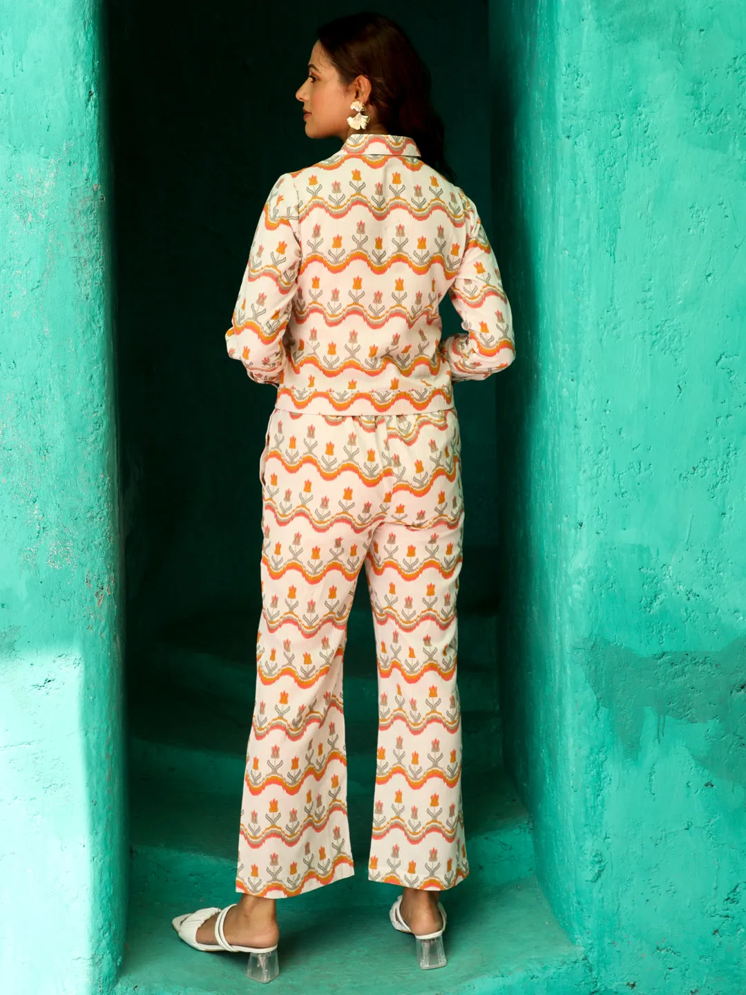 Ikat Printed Cream & Orange Jacket With Palazzo Co-ord Set