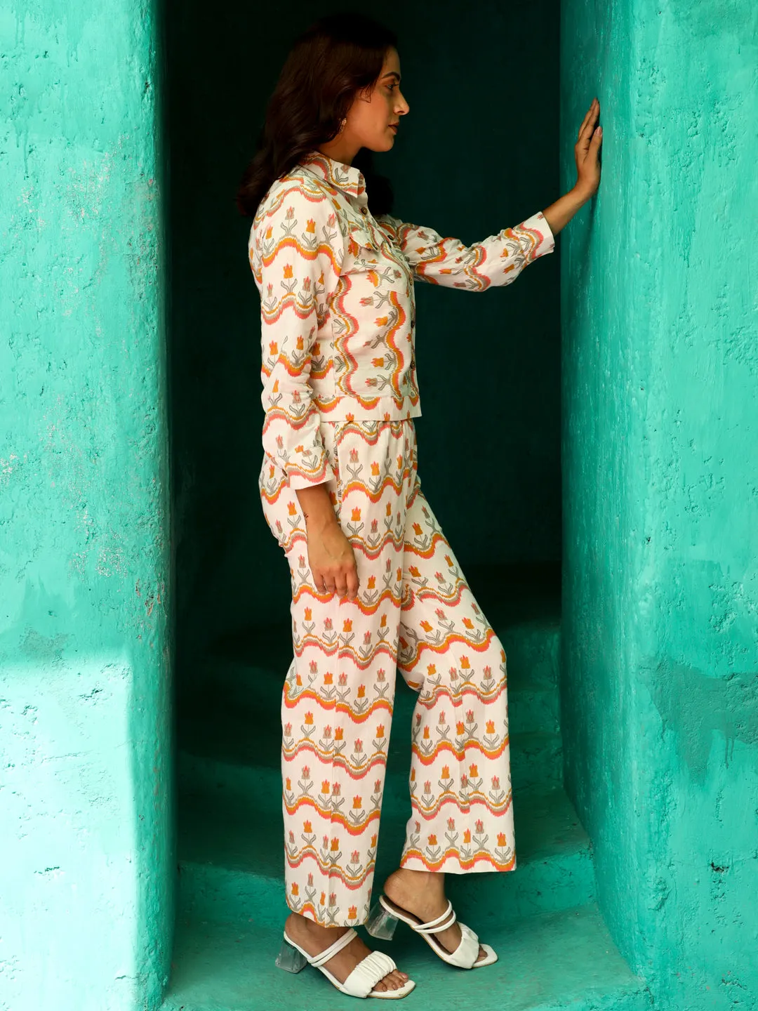 Ikat Printed Cream & Orange Jacket With Palazzo Co-ord Set