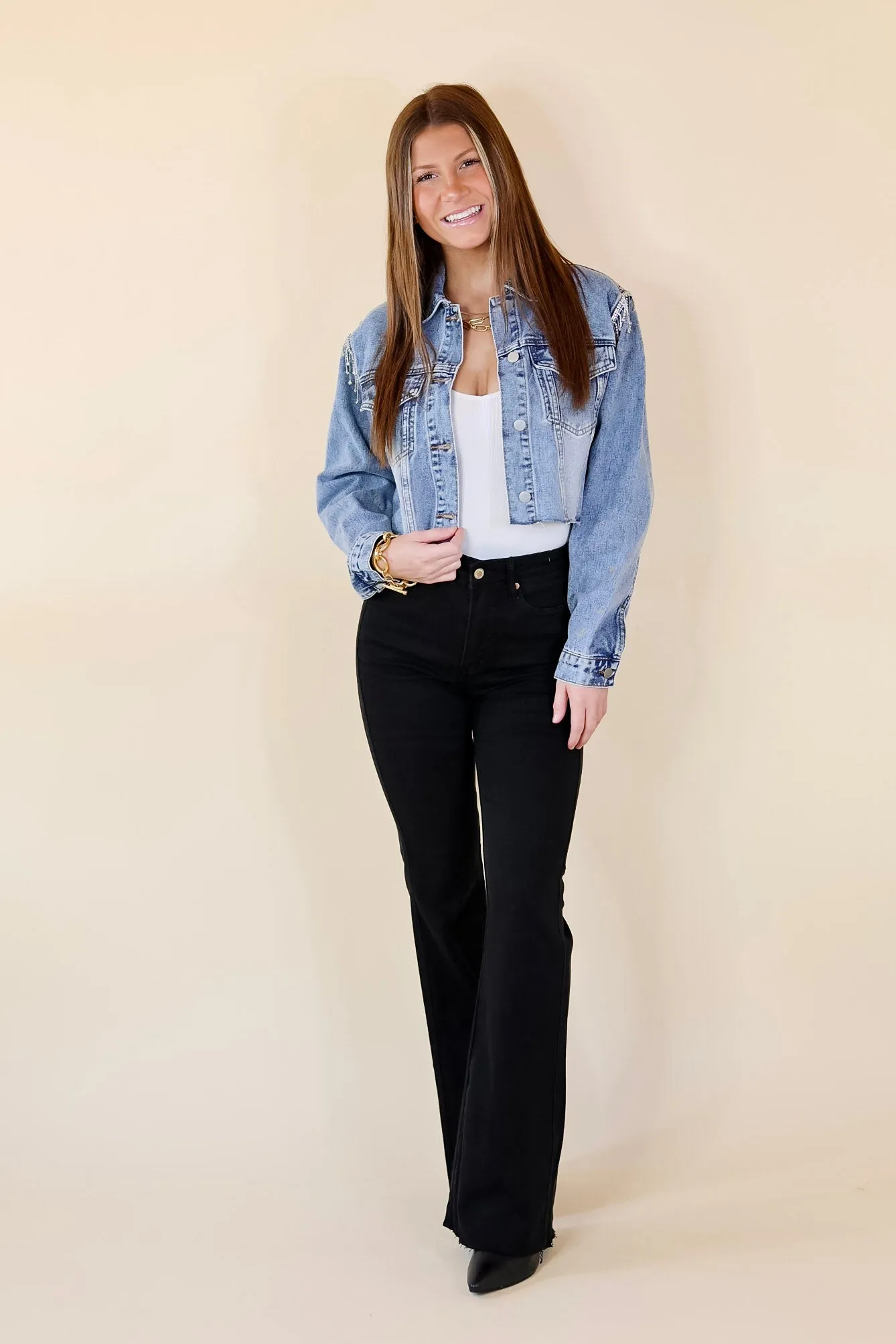 Just A Glimmer Crystal Fringe Shoulder Cropped Denim Jacket