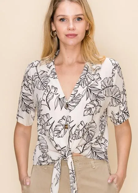 Leaf Print Tie Front Camp Shirt