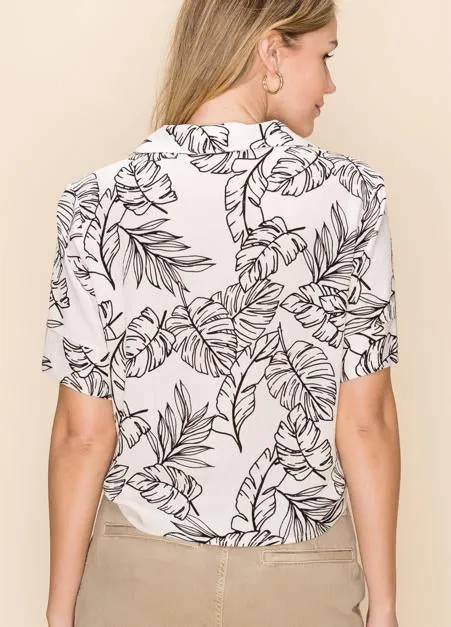 Leaf Print Tie Front Camp Shirt